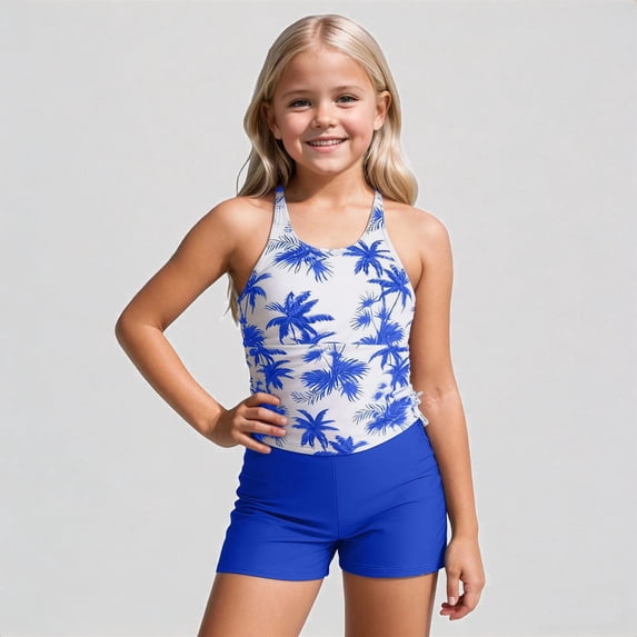 Krdevn Girls 2 Piece Tankini Swimsuit Set, Tree Print Racerback Top with Side Tie and Swim Shorts for Beach Pool Summer,7-8 Years