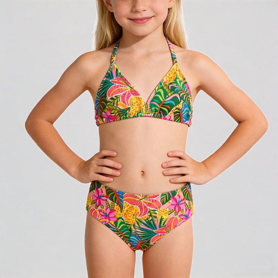 Krdevn Girls 2-Piece Tropical Floral High-Waisted Bikini Set, Halter Triangle Top & High-Waisted Bottoms, Swimwear for Kids & Teens,10-11 Years