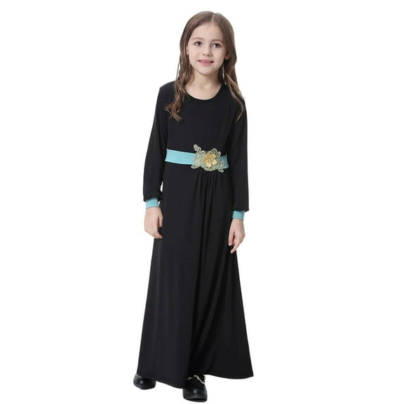 Krdevn Girls Abaya Dress Long Robe for Middle Arabic Style Pure Color Casual Outfit,7-8 Years