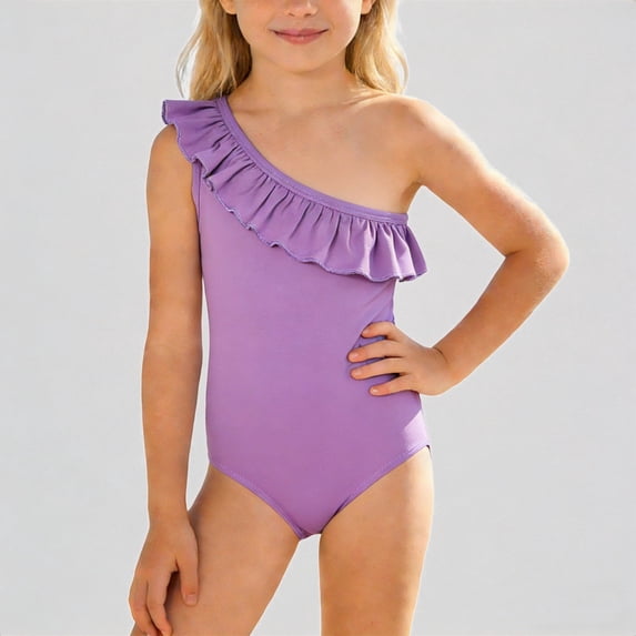 Krdevn Girls Athletic One-Piece Swimsuit, Solid Color Ruffle Shoulder Design, UPF 50+ Sun Protection Summer Beach Pool Bathing Suit,13-14 Years