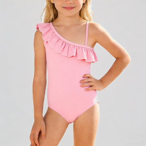 Krdevn Girls Athletic One-Piece Swimsuit, Solid Color Ruffle Shoulder Design, UPF 50+ Sun Protection Summer Beach Pool Bathing Suit,3-4 Years