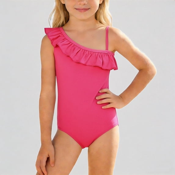 Krdevn Girls Athletic One-Piece Swimsuit, Solid Color Ruffle Shoulder Design, UPF 50+ Sun Protection Summer Beach Pool Bathing Suit,3-4 Years