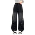 thumbnail image 1 of Krdevn Girls' Baggy Jeans - Wide Leg Denim Pants with Elastic Waist & Multiple Pockets | Comfortable Straight Leg Casual Trousers for Kids,Color:Black,Size:13-14 Years, 1 of 9