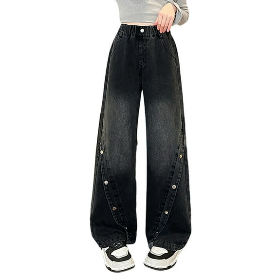 Krdevn Girls' Baggy Jeans - Wide Leg Denim Pants with Elastic Waist & Multiple Pockets | Comfortable Straight Leg Casual Trousers for Kids,Color:Black,Size:13-14 Years