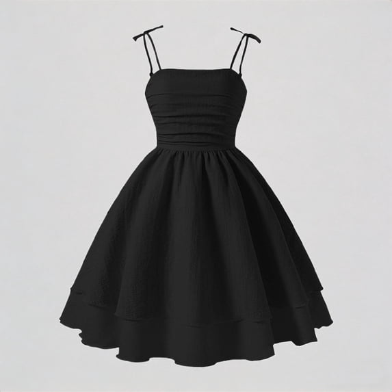 Krdevn Girls' Black Bow Strap Ruched Bustier Dress Sweet Sleeveless Tiered Flared Mini Dress,8 Years