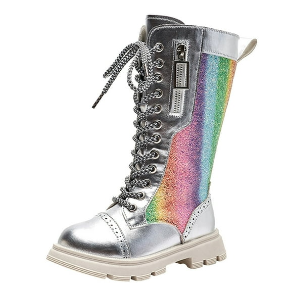 Krdevn Girls Boots - Children Shoes Thick Heel Colorful Boots Plus Warm Colorful Boots -Toddler Boots,Cowgirl Boots,Color:Silver,Size:9-9.5 Years