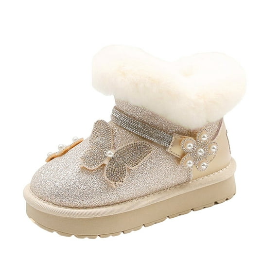 Krdevn Girls Boots,Girls Winter Boots Durable Lined Floral Bowknot Pearl Rhinestone Design Warm Shoes for Kids,Size:8-9 Years