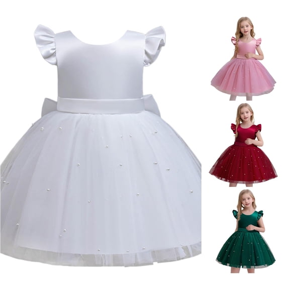 Krdevn Girls Bow Flutter Sleeve Tulle Pageant Dress, Satin Princess Formal Party Gown for Toddler Wedding Birthday,White