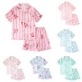 thumbnail image 1 of Krdevn Girls Bow Print Satin Pajama Set, Notch Collar Short Sleeve Top & Shorts Button Front Kids Summer Loungewear Sleepwear,Pink1, 1 of 4
