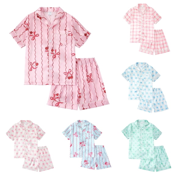 Krdevn Girls Bow Print Satin Pajama Set, Notch Collar Short Sleeve Top & Shorts Button Front Kids Summer Loungewear Sleepwear,Pink1