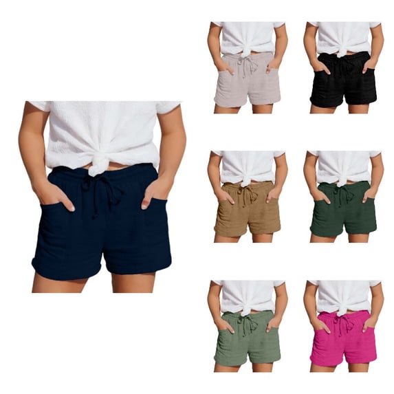Krdevn Girls Casual Cotton Gauze Shorts, High Waist Drawstring Shorts with Pockets, Solid Color Rolled Hem Summer Shorts,Navy
