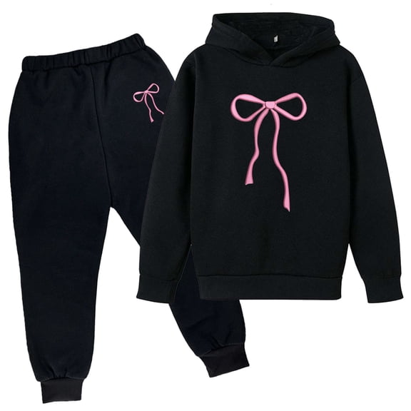 Krdevn Girls Casual Playwear Set | Bow Print Hoodie and Sweatpants 2 Piece Outfit for Toddlers, Soft Kids Clothes,7-8 Years