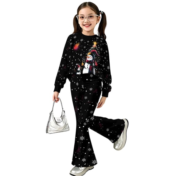 Krdevn Girls Christmas Outfit 2 Piece Long Sleeve Crew Neck Sweatshirt and Flared Bell Bottom Pants Set Toddler Little Kids Holiday Casual Clothing