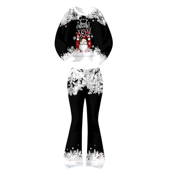 Krdevn Girls Christmas Outfit 2 Piece Long Sleeve Crew Neck Sweatshirt and Flared Bell Bottom Pants Set Toddler Little Kids Holiday Casual Clothing