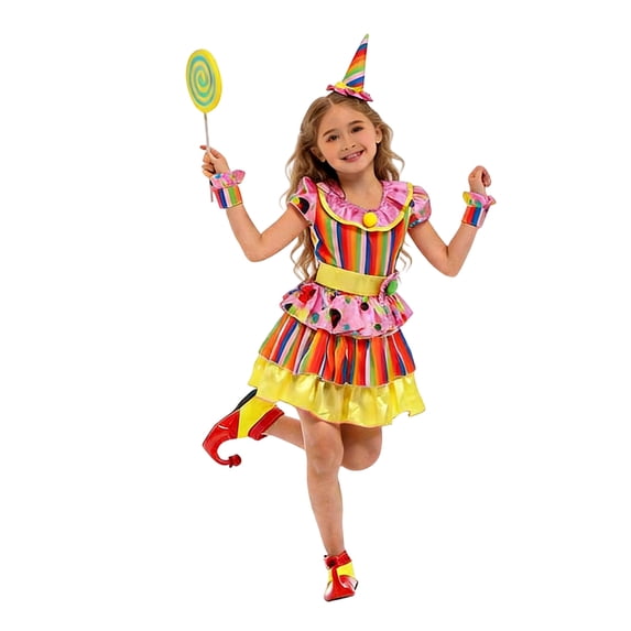 Krdevn Girls Clown Halloween Set, Striped Layered Dress with Headpiece,Wrist & Belt, Kids Cosplay Outfit for Masquerade Carnival Party DressâUp,Size:L