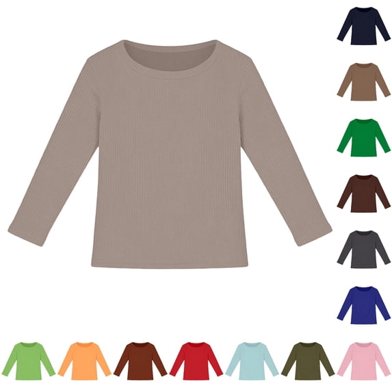 Krdevn Girls Crew Neck Long Sleeve T‑Shirt, Stretchy Ribbed Slim Fit Basic Casual Tops for Kids,Khaki,11-12 Years
