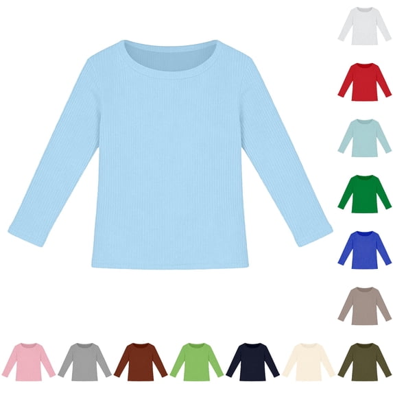 Krdevn Girls Crew Neck Long Sleeve T‑Shirt, Stretchy Ribbed Slim Fit Basic Casual Tops for Kids,Light Blue,9-10 Years