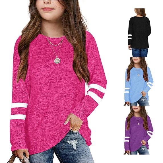 Krdevn Girls Crewneck Long Sleeve Pullover Top Striped Sleeve Casual Loose Tunic Blouse for Kids,10-11 Years