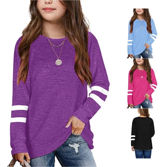 Krdevn Girls Crewneck Long Sleeve Pullover Top Striped Sleeve Casual Loose Tunic Blouse for Kids,4-5 Years