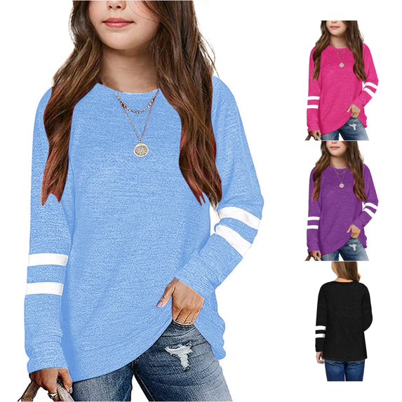 Krdevn Girls Crewneck Long Sleeve Pullover Top Striped Sleeve Casual Loose Tunic Blouse for Kids,4-5 Years