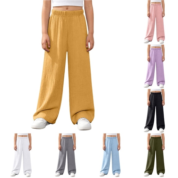Krdevn Girls Crinkle Gauze Wide Leg Pants Elastic Waist Casual Summer Kids Solid Trousers,13-14 Years
