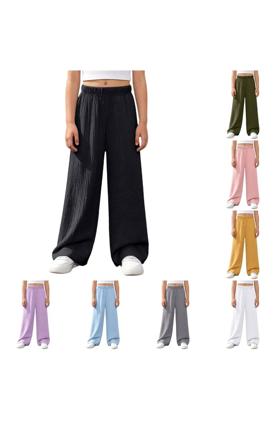 Girls Crinkle Gauze Wide Leg Pants Elastic Waist Casual Summer Kids Solid Trousers,7-8 Years