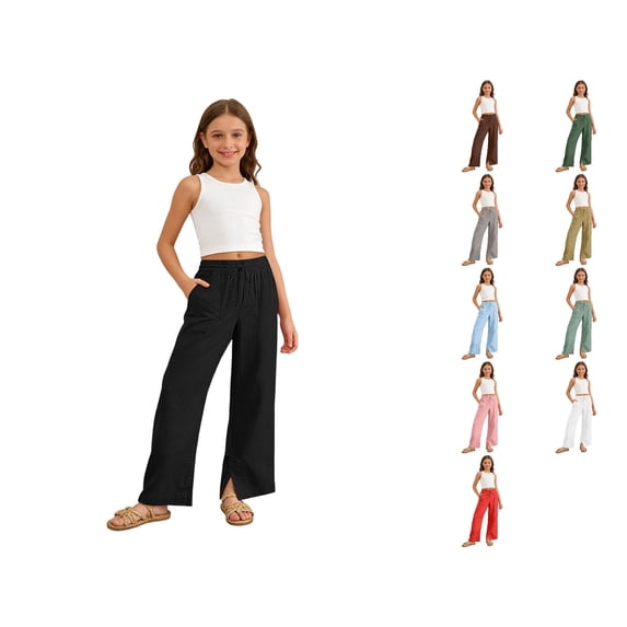 Krdevn Girls Crinkle Wide Leg Pants Elastic Waist Drawstring Casual Trousers with Side Slit Pockets,11-12 Years