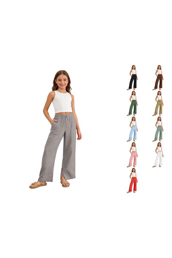 Girls Crinkle Wide Leg Pants Elastic Waist Drawstring Casual Trousers with Side Slit Pockets,13-14 Years