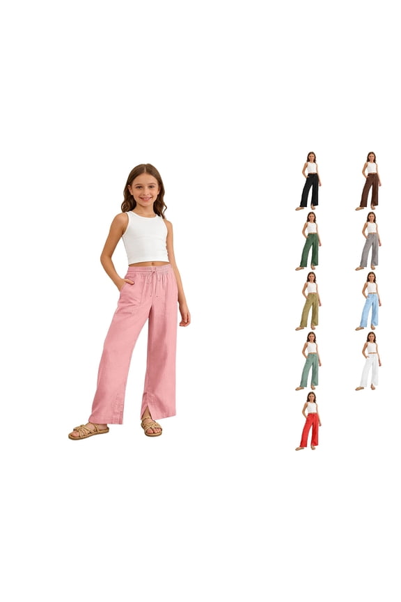 Girls Crinkle Wide Leg Pants Elastic Waist Drawstring Casual Trousers with Side Slit Pockets,7-8 Years