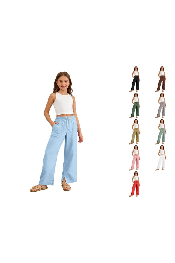 Girls Crinkle Wide Leg Pants Elastic Waist Drawstring Casual Trousers with Side Slit Pockets,9-10 Years