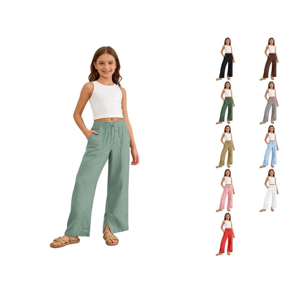 Krdevn Girls Crinkle Wide Leg Pants Elastic Waist Drawstring Casual Trousers with Side Slit Pockets,9-10 Years