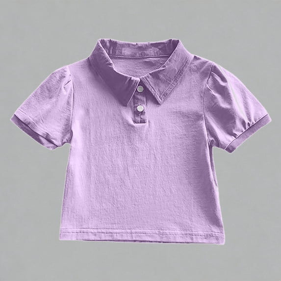Krdevn Girls Cute Puff Sleeve Polo Shirt Solid Casual Summer School Top for Kids,12-18 Months