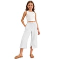thumbnail image 1 of Krdevn Girls' Elastic Waist Cropped Pants, Casual Split-Hem Wide-Leg Capris with Pockets,White, 1 of 7