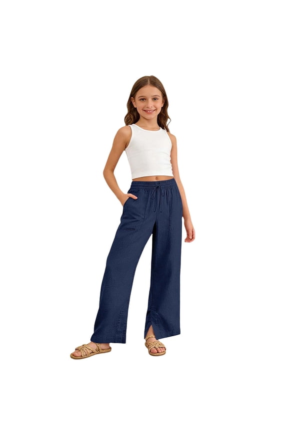 Krdevn Girls' Elastic Waist Wide-Leg Pants, Casual Split-Hem Linen-Blend Trousers with Pockets,Navy