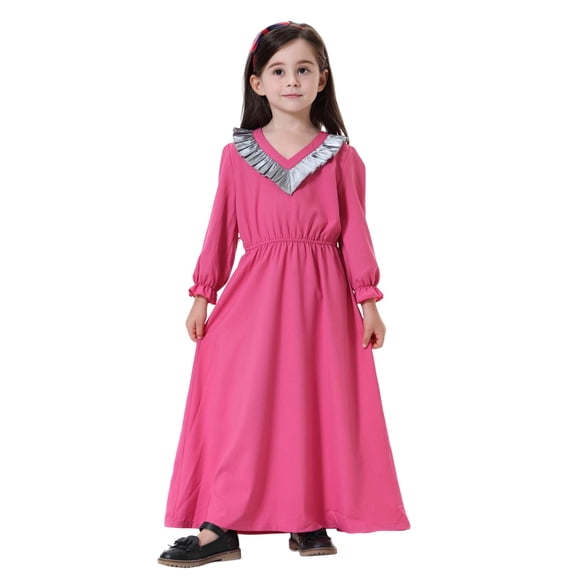 Krdevn Girls Ethnic Abaya Dress - Elegant Long Sleeve Maxi with V-Neck, Ruffle Detail Modest Party Wear for Teen,18-24 Months