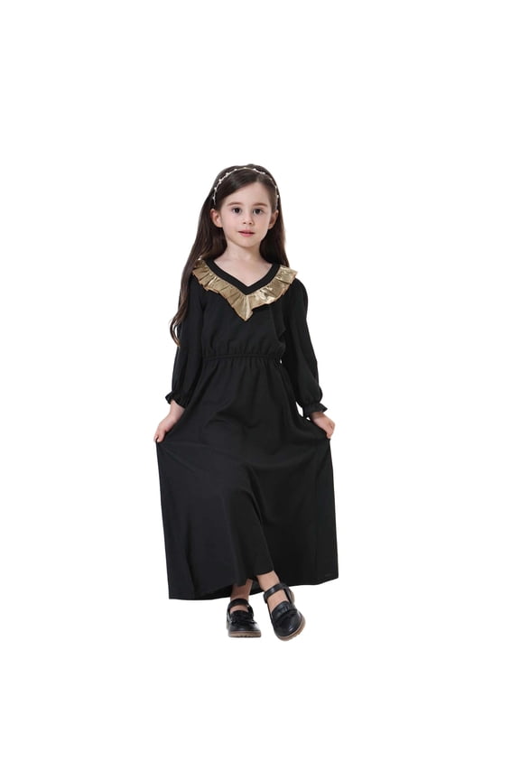 Girls Ethnic Abaya Dress - Elegant Long Sleeve Maxi with V-Neck, Ruffle Detail Modest Party Wear for Teen,18-24 Months