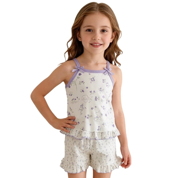Krdevn Girls Floral Cami Pajama Set Bow Ruffle 2 Piece Summer Loungewear Outfit,4-5 Years