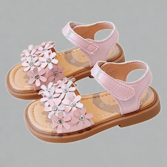 Krdevn Girls' Floral Rhinestone Sandals, Adjustable Hook and Loop Strap, Soft Sole Open Toe Summer Flats, Cute Casual Outdoor Play Shoes for Kids,Sizes 4.5-5 Years