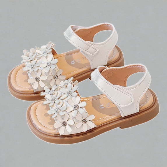 Krdevn Girls' Floral Rhinestone Sandals, Adjustable Hook and Loop Strap, Soft Sole Open Toe Summer Flats, Cute Casual Outdoor Play Shoes for Kids,Sizes 4.5-5 Years