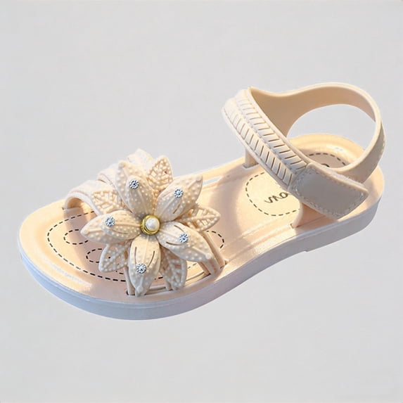 Krdevn Girls Flower Decor Open Toe Sandals Rhinestone Accent Hook And Loop Comfortable Summer Outdoor Shoes,9.5-10 Years