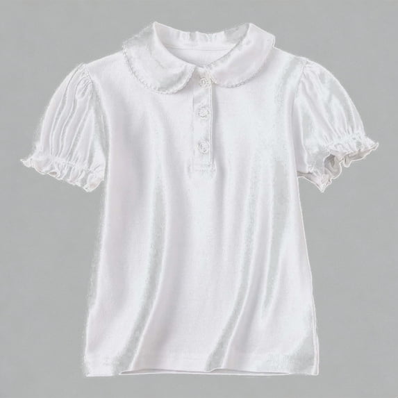 Krdevn Girls Flutter Collar Puff Sleeve Polo Shirt Short Sleeve Casual Summer School Top for Kids,10-11 Years