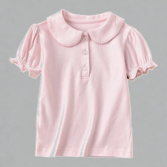 Krdevn Girls Flutter Collar Puff Sleeve Polo Shirt Short Sleeve Casual Summer School Top for Kids,10-11 Years