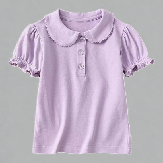 Krdevn Girls Flutter Collar Puff Sleeve Polo Shirt Short Sleeve Casual Summer School Top for Kids,5-6 Years