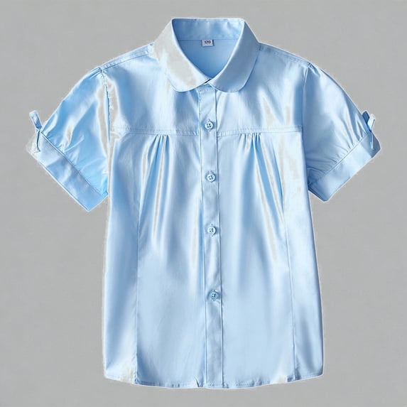 Krdevn Girls Flutter Collar Short Sleeve Button Down Shirt Summer School Uniform Blouse for Kids,5-6 Years