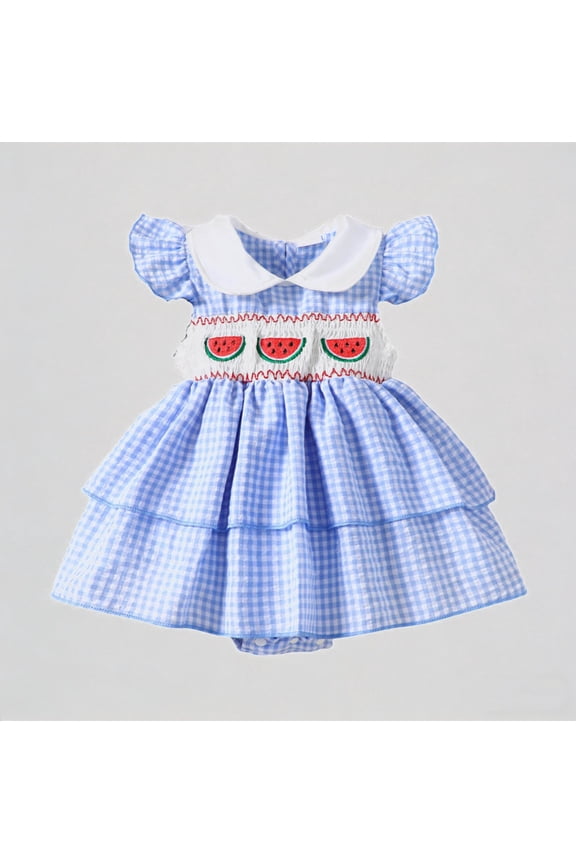 Girls Fly Sleeve Plaid Romper Embroider Bodysuits Dress,0-3 Months