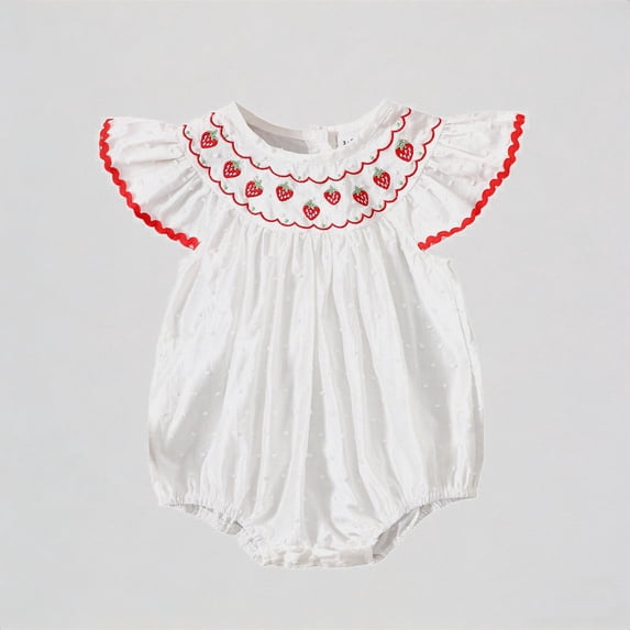 Krdevn Girls Fly Sleeve Strawberry Embroider Romper Bodysuits,6-12 Months