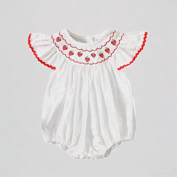 Krdevn Girls Fly Sleeve Strawberry Embroider Romper Bodysuits,6-12 Months