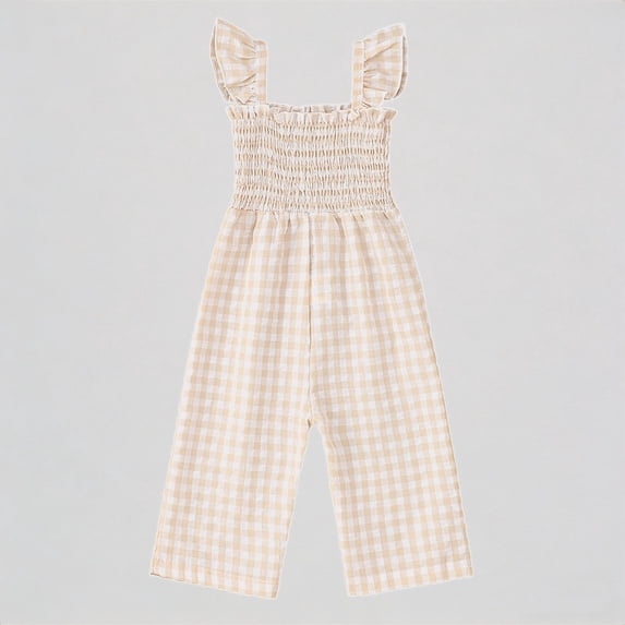 Krdevn Girls Gingham Print Jumpsuit Smocked Bodice Ruffle Strap Wide Leg Sleeveless Summer Casual Outfit,3-4 Years
