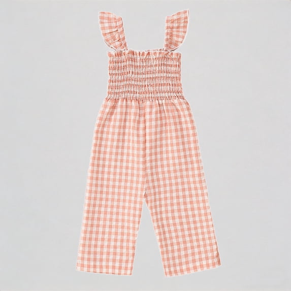 Krdevn Girls Gingham Print Jumpsuit Smocked Bodice Ruffle Strap Wide Leg Sleeveless Summer Casual Outfit,6-12 Months