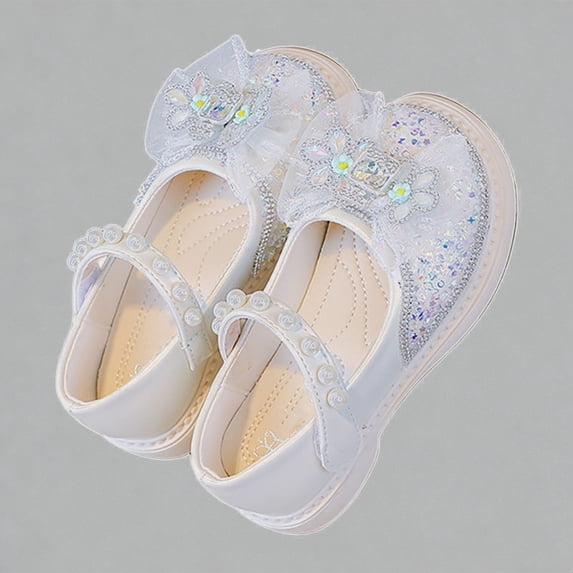 Krdevn Girls' Glitter Mary Jane Flats, Soft Sole Princess Dress Shoes with Pearl Strap & Flower Bow, Rhinestone Party Shoes for Kids,Sizes 14